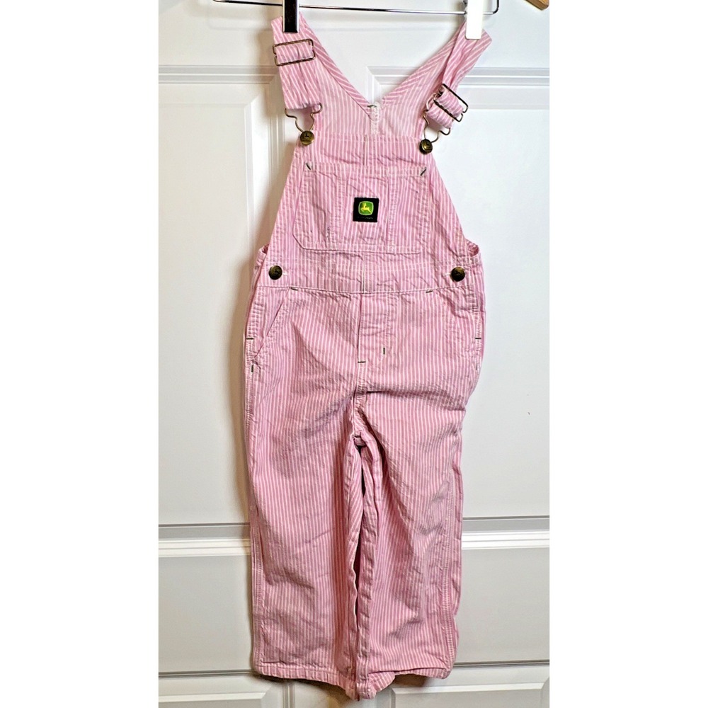 John Deere Pink Striped Bib Overalls Girls 4T Cotton Logo Pocket Playwear